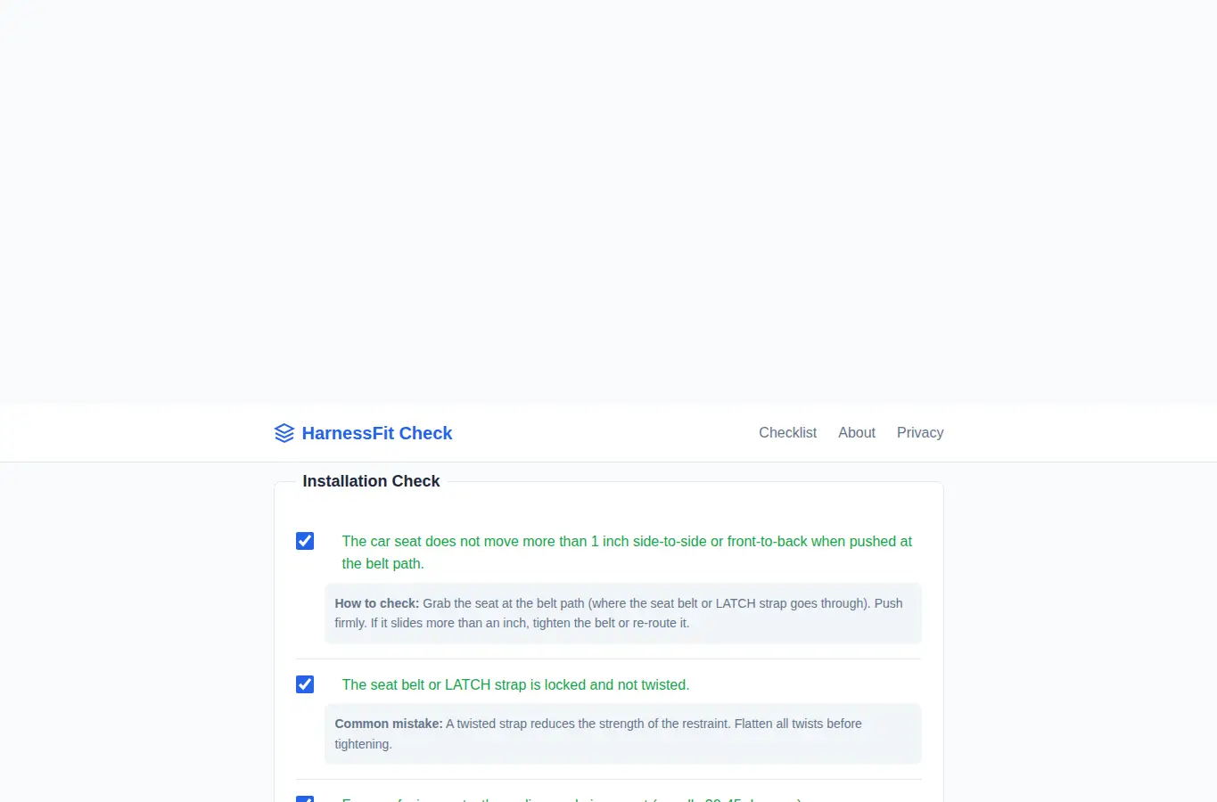 Screenshot of HarnessFit Check interface showing the project page in use